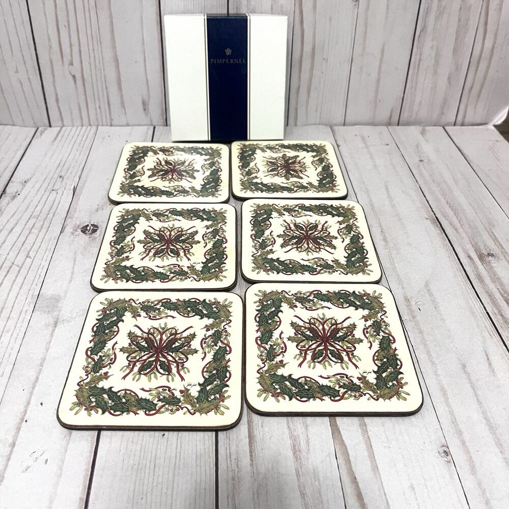 Pimpernel Set Of 6 Festive Garland Coasters With Holly Berry Design in OG Box